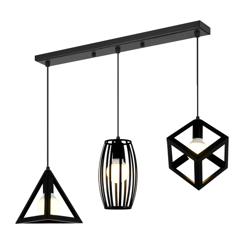 Retro Industrial Black Pendant Lamp Geometric Modeling Iron Lampshade Restaurant Hanging Lamp Creative Corridor Light Fixture