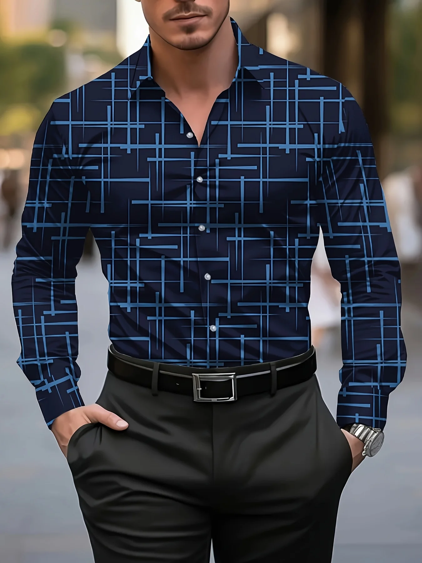 موضة ثلاثية الأبعاد شريط طباعة الرجال قميص طويل الأكمام الخريف في الهواء الطلق الشارع الأعمال ملابس غير رسمية تنفس فضفاضة التلبيب زر القمم