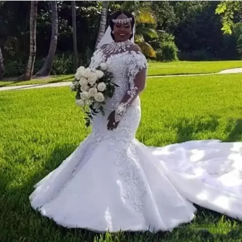 Customized Plus Size African Mermaid Wedding Dresses Luxury Beaded Appliqued Long Sleeves Chapel Train Custom Made Gown Robe De