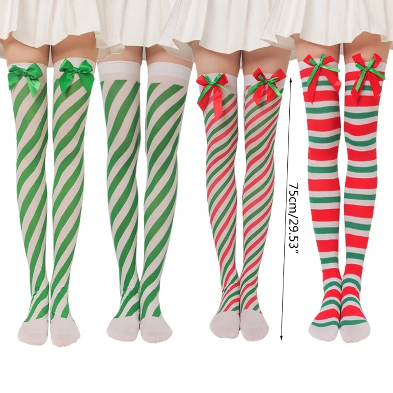 M2EA Christmas Diagonal Striped Silky Over Knee Long Socks Cartoon Plush Toy Bowknot Thigh High Stockings for Woman Clothing