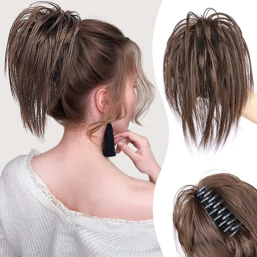 

Grab clip ponytail synthetic wig short fountain fluffy messy ponytail grab clip straight ponytail