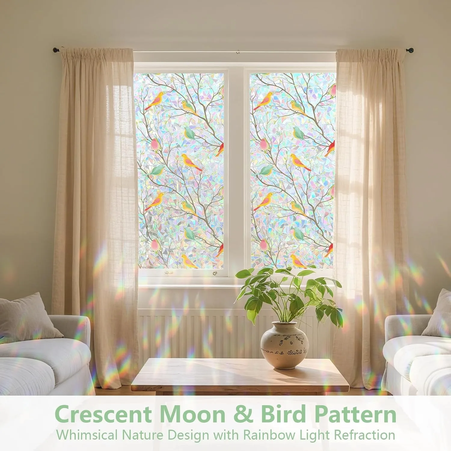 Colorful Bird Stained Glass Static Cling Window Film, Glueless Privacy Glass Sticker,  UV Shield Glass Decal for Bathroom Window