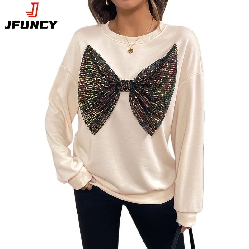 Women Pullover Fashion Round Neck Long Sleeve Sweatshirt Sequin Bow Decor 2025 Autumn Female Clothes