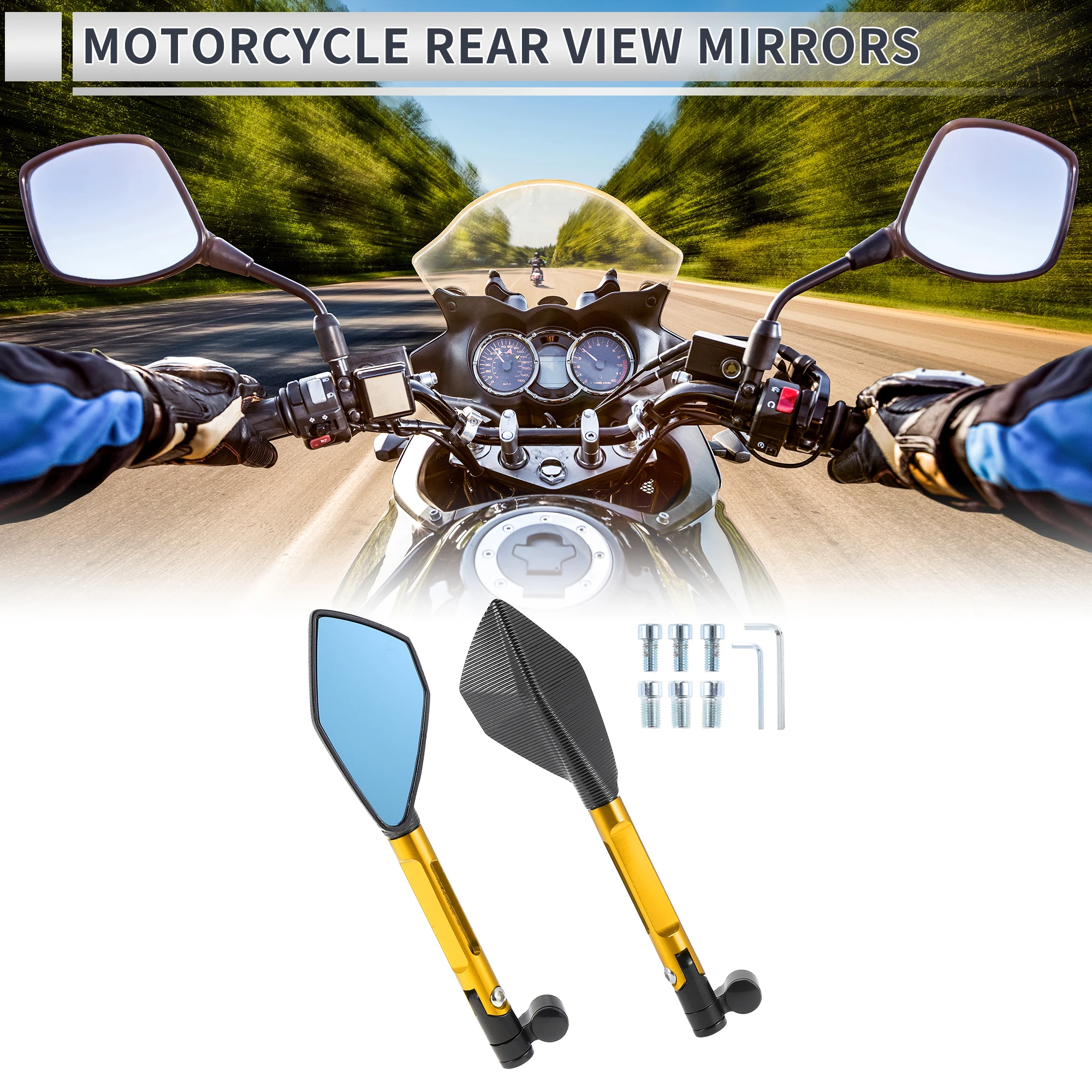 Motoforti M8/M10 Motorcycle Rear View Mirrors Black Gold Tone Aluminum Alloy Aluminum 1set
