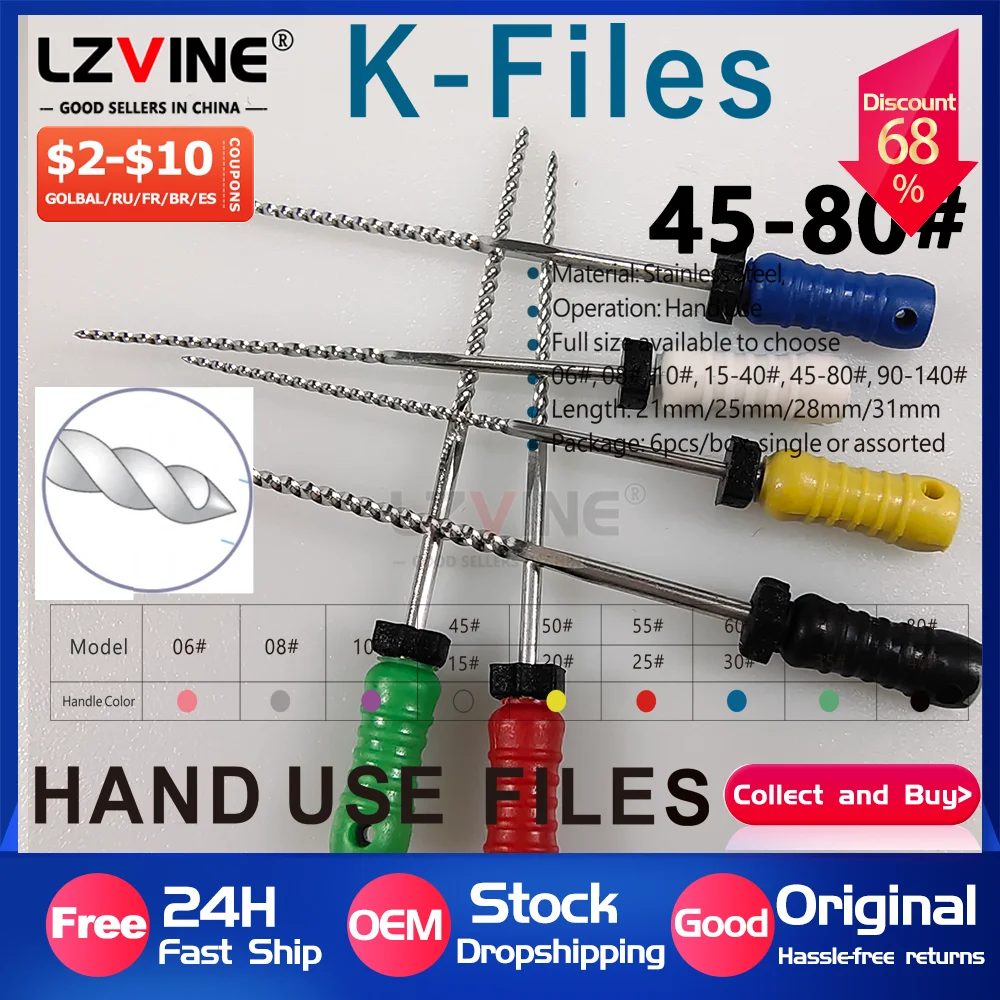 

6Packs/Box Dental Stainless Steel K File 31mm/25mm 45-80# Dental Hand Use Endodontic Root Cannal K Files Dentistry Instrument