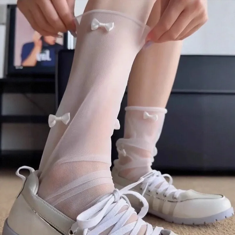 1/2Pairs Lolita Bowknot Mesh Socks Women Summer Ultra-thin Transperant Loose Calf Socks Long Ribbon INS Style Stockings
