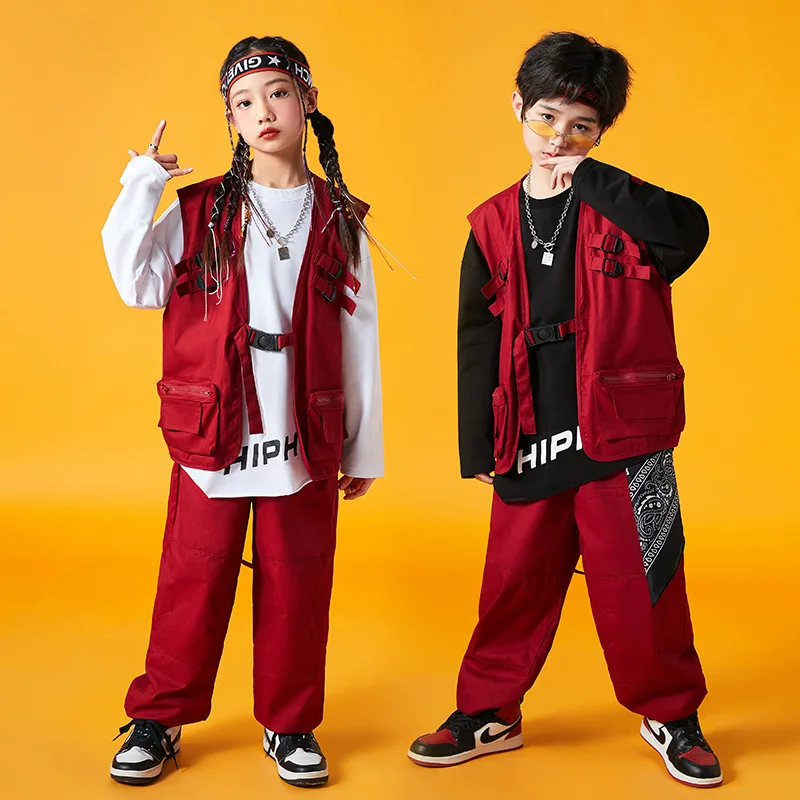 Vêtements de Performance de brevHip Hop pour Enfants, Costumes de Défilé de Scène Jazz, viser Rouges pour Bol et Garçons