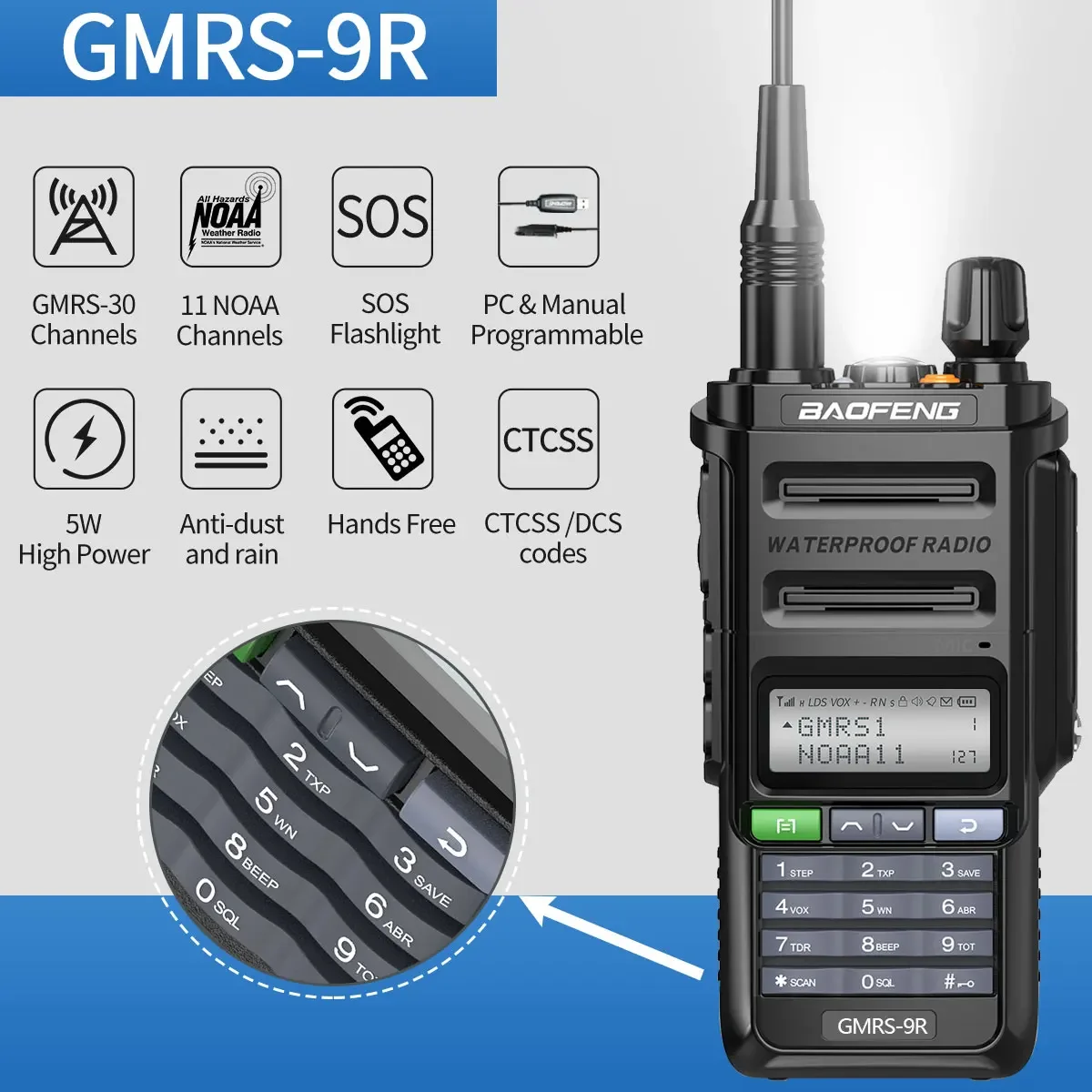 Baofeng GMRS-9R Walkie Talkie IP67 Waterproof NOAA Weather Radio Powerful GMRS Radio Long Range Two Way Radio