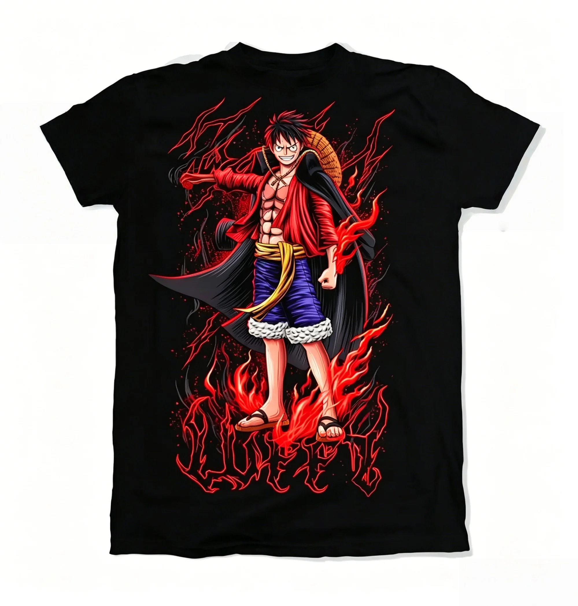 

One Piece Luffy Full Print T Shirt Men Fire Flame Graphic Tee Unisex Summer Anime Streetwear Tops With Sleeve Print For Teen Fans Gifts