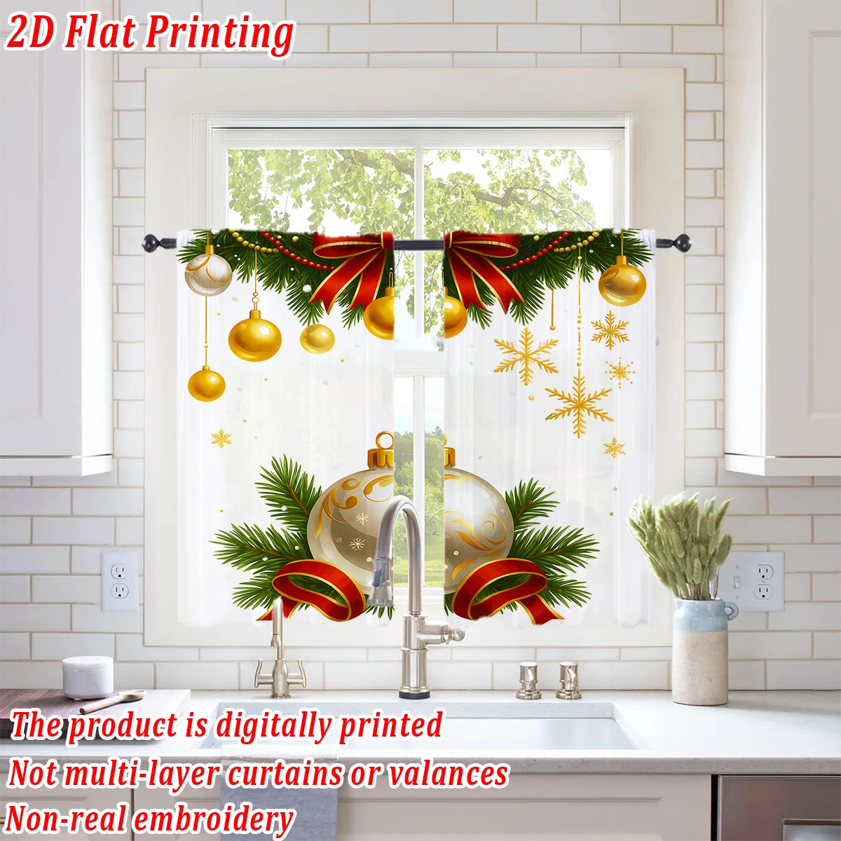 Christmas Flat Printing Kitchen Sheer Curtain with Merry Christmas Ball Snowflake Ornament For Christmas Home Decor  Party