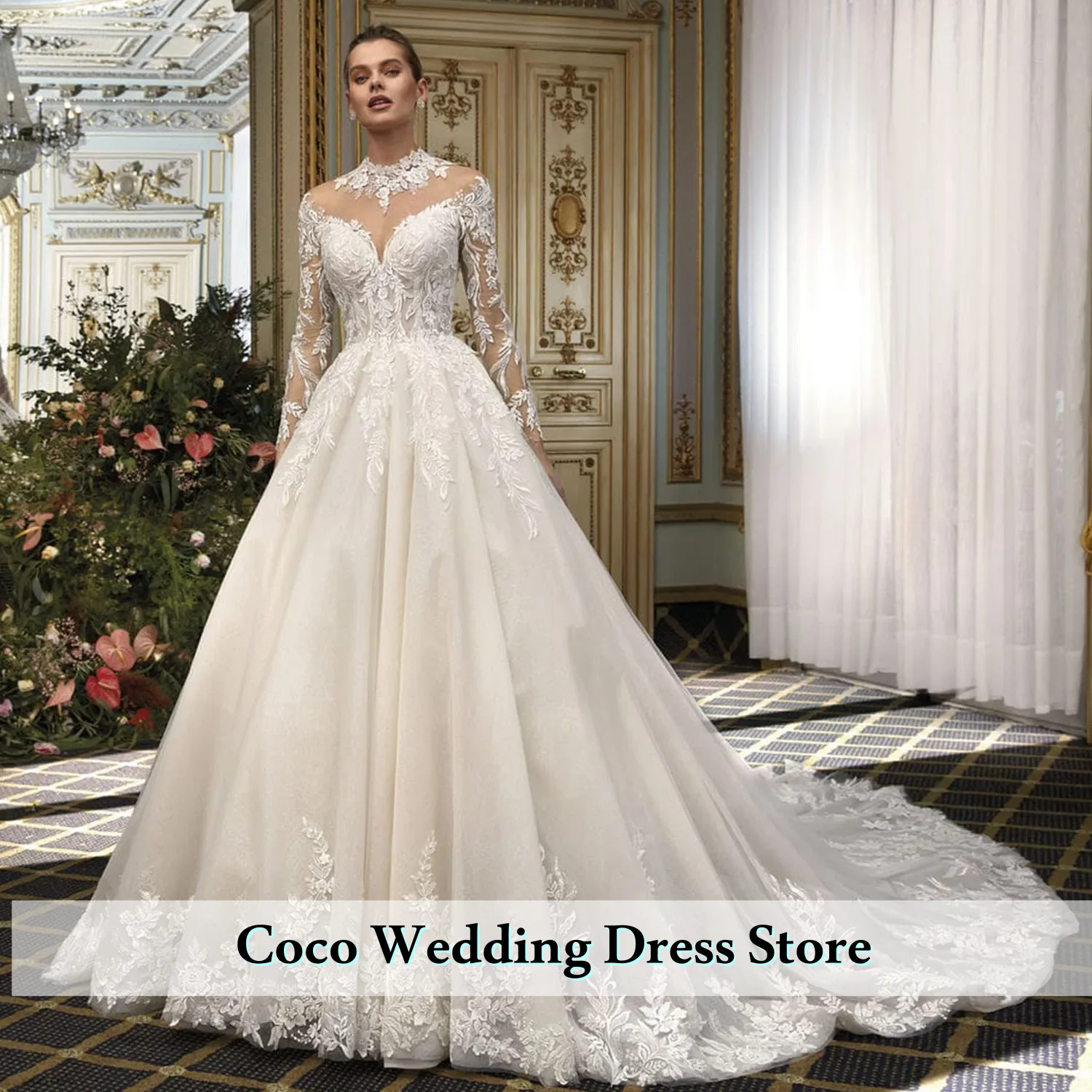 

Изысканное свадебное платье трапециевидной формы с круглым вырезом и пуговицами сзади, длинными рукавами и блестками, аппликациями на заказ, Vestido De Noiva