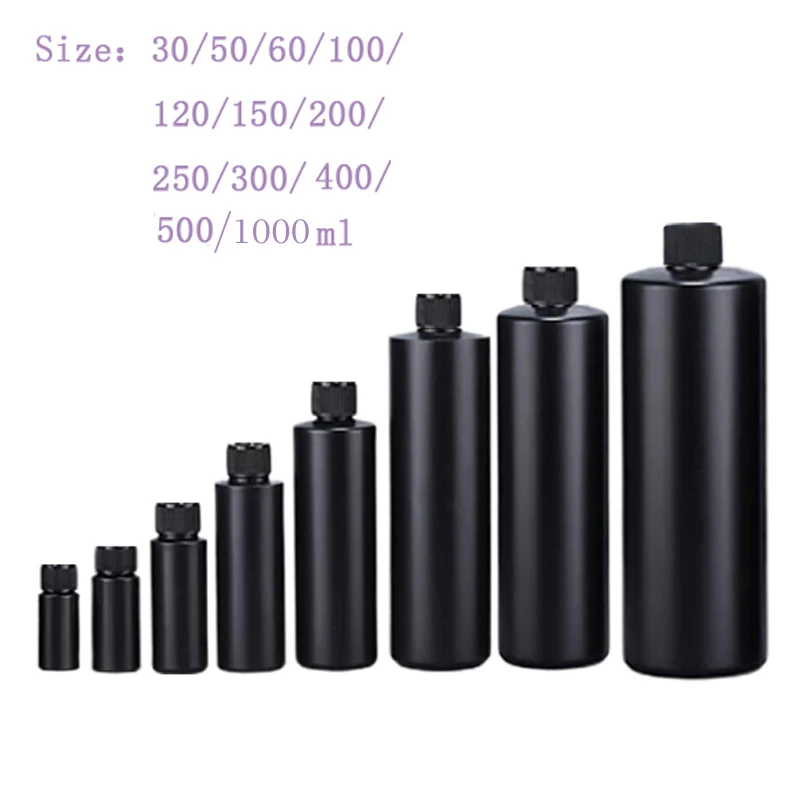 5 szt. Puste czarne butelki z tworzywa HDPE o pojemności 30-1000 ml z zakrętką, wielokrotnego użytku, szczelne, chroniące przed światłem, do pigmentów DIY i olejów.