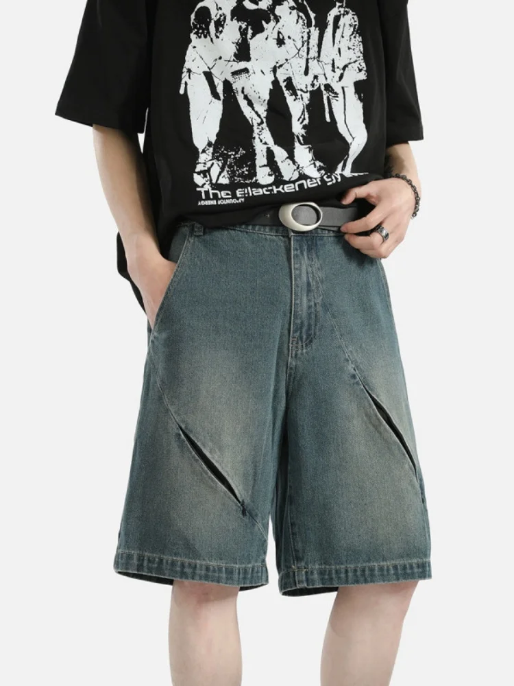 

Men's Summer High Street Style Jeans Shorts Five-Quarter Casual Loose Straight Leg Mid-Waist Blue Denim Wear Resistant