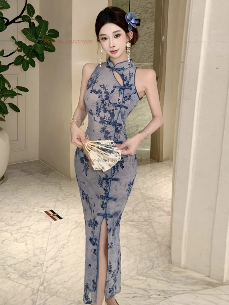 

2025, китайское сексуальное сетчатое бархатное платье Ципао, винтажное вечернее платье с цветочным принтом, традиционное платье для банкета, ночного клуба, Ципао