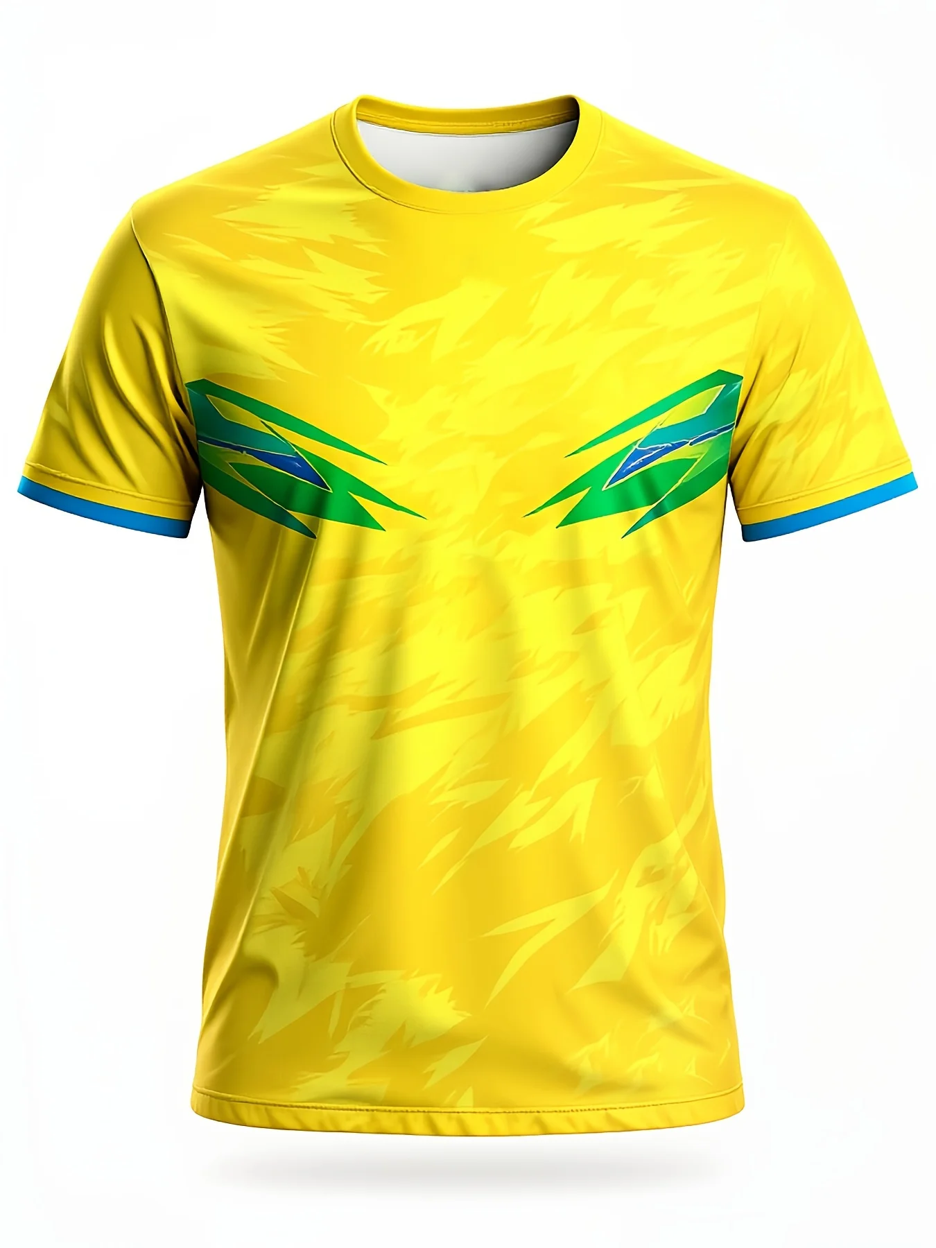 Yellow Abstract Camo Sport Tee Green Blue Geometric Chest Print Cyan Cuff Crew Neck Training Top