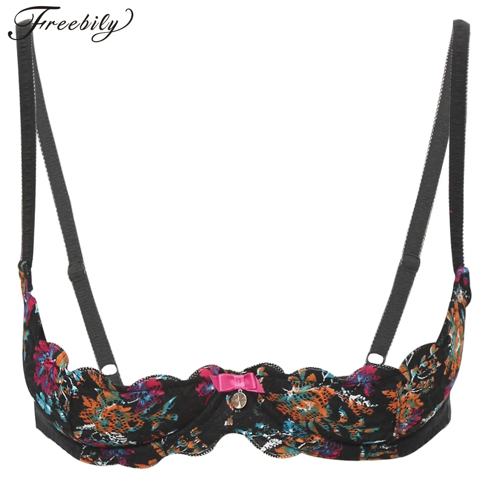 Womens Sexy 1/4 Cup Underwire Bras Floral Lace 2cm Thick Padded Push Up Balconette Brassiere Tops Tempting Bra Female Lingerie