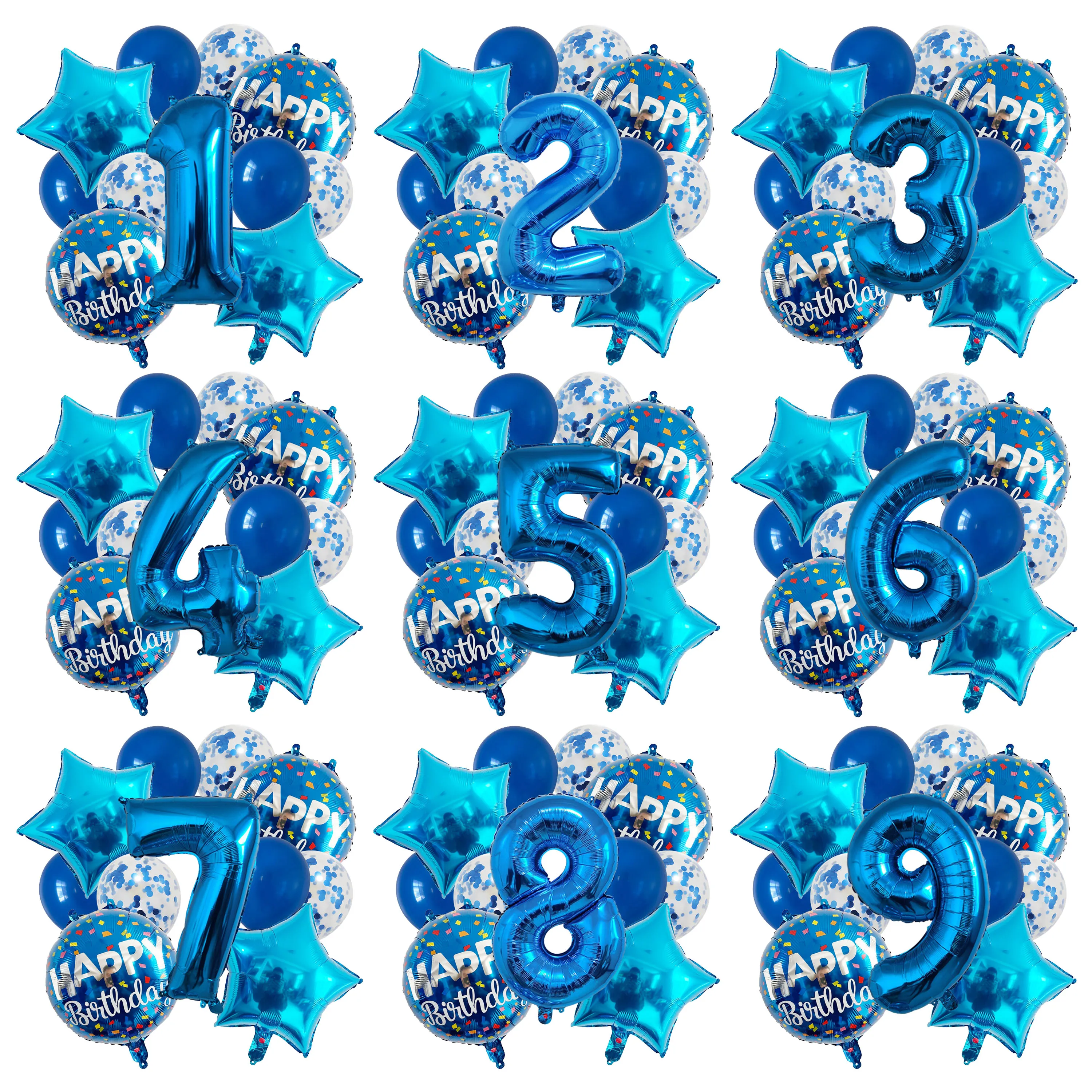 13 pièces/sac ballons bleus ballons à chiffres mixtes décorations de fête d'anniversaire ballons d'anniversaire pour garçons 1 2 3 4 5 6 7 8 9 10 ans