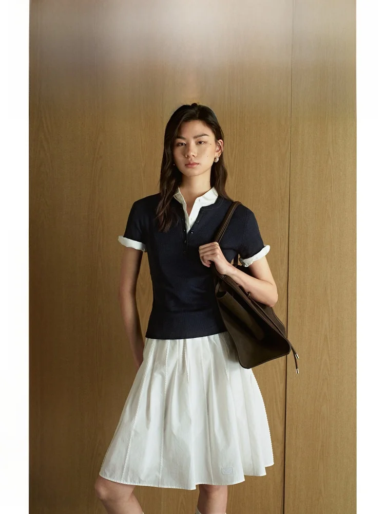 

ZhiZhi Весна 2026 Женский приталенный трикотажный топ из 100% шерсти с воротником Хенли, мягкий, повседневный, для прогулок и поездок на работу