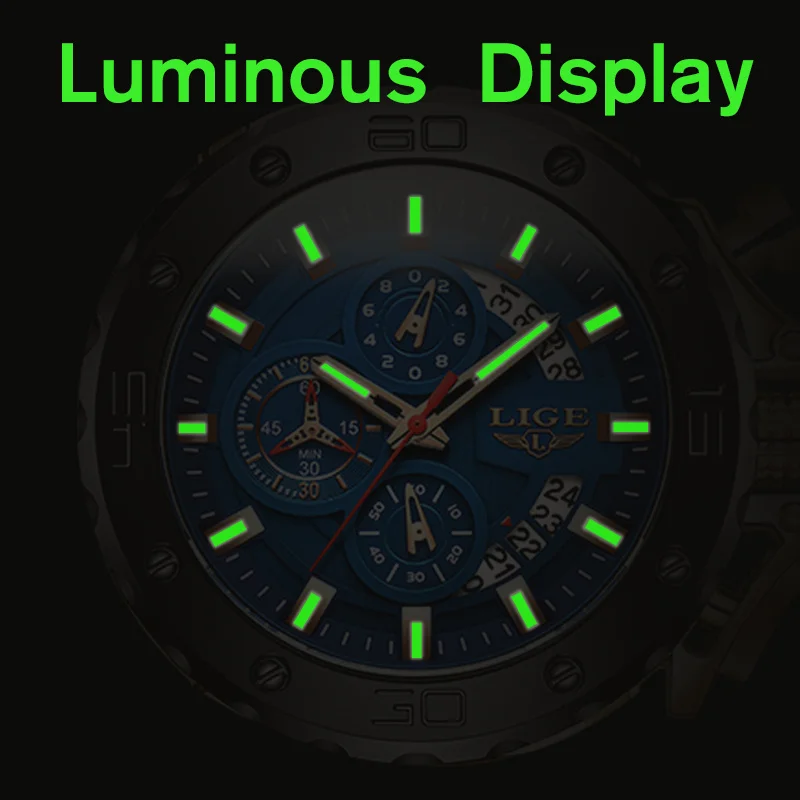 LIGE Mens Watch Blue Dial Military Sports Quartz Watches Men Waterproof Fashion Luminous Calendar Man Watch Business Male Clock