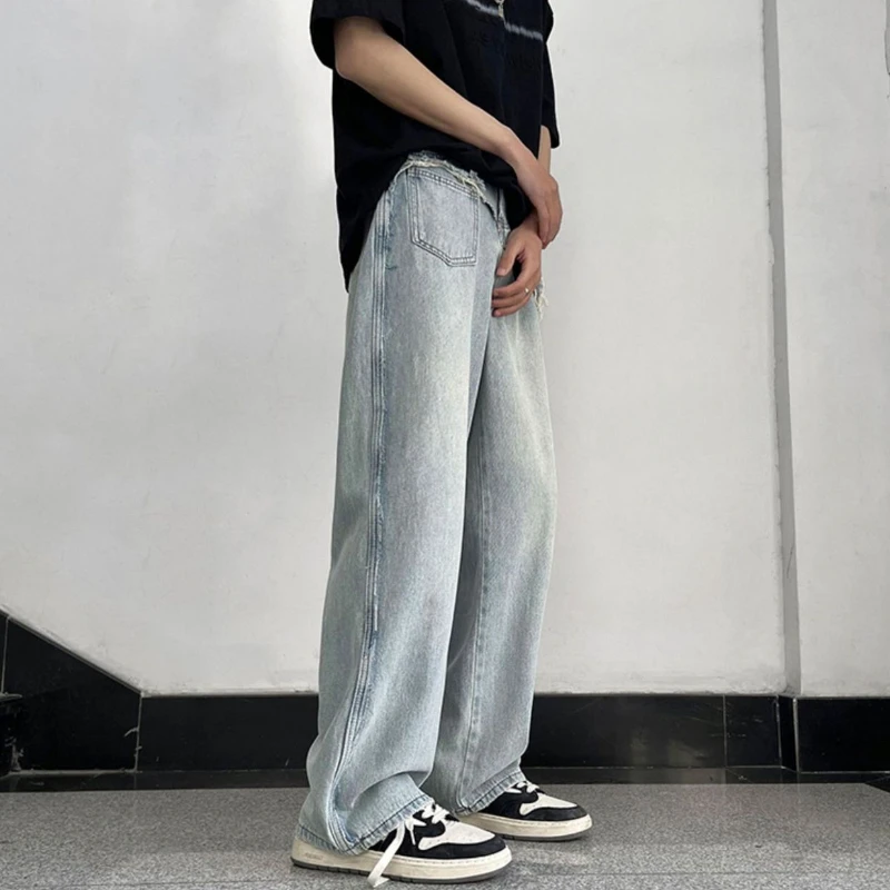 Patch Work Jeans Men Wide Leg Loose Asymmetrical Raw Edge Ankle Length Mid Waist Side Stripe Handsome All-match American Style