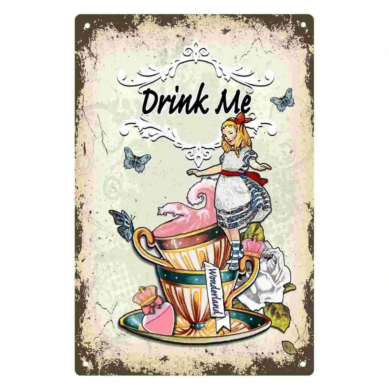 Letrero Metálico Decorativo 2D Plano de 1 Pieza con la Frase "Drink Me" de Alicia en el País de las Maravillas para Hogar, Cafetería, Cocina, Dormitorio, Porche y Jardín