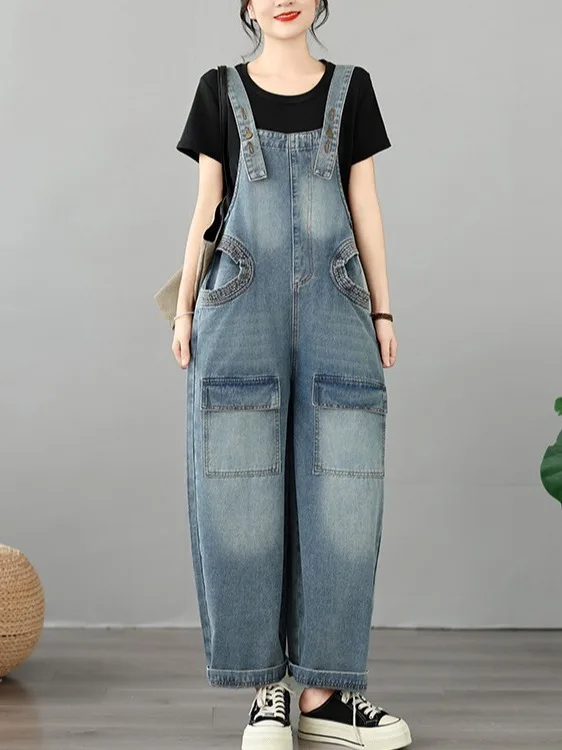 Early Autumn Casual Fish Mouth Pocket Denim Overalls plus Size Women's Versatile Loose Fit Harlan Pants Casual Cotton Blend