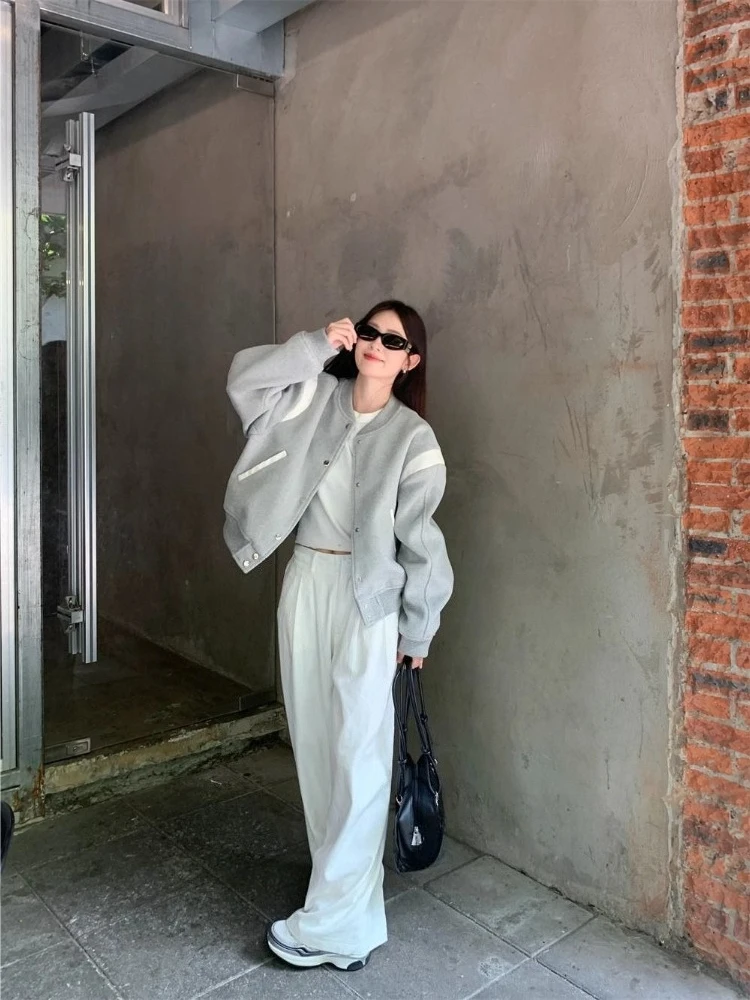  سترة بيسبول قصيرة صديقة للصغير لخريف وشتاء 2025 معطف كاجوال رمادي عتيق متعدد الاستخدامات لملابس الشارع المكتبية #4