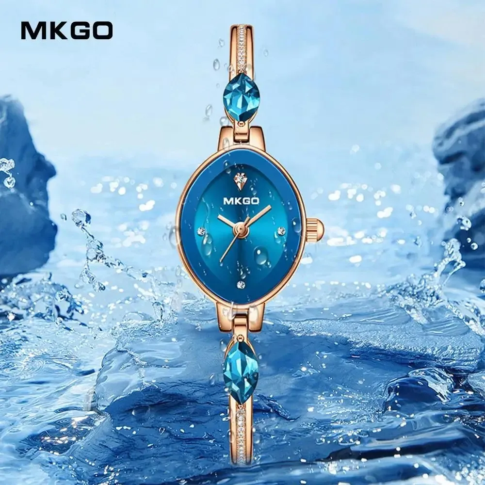 Romantic Blue Ocean Crystal Quartz Watch for Women with Golden Bracelet Diamond Chain Charm Oval Shape Fashion Ladies Wristwatch