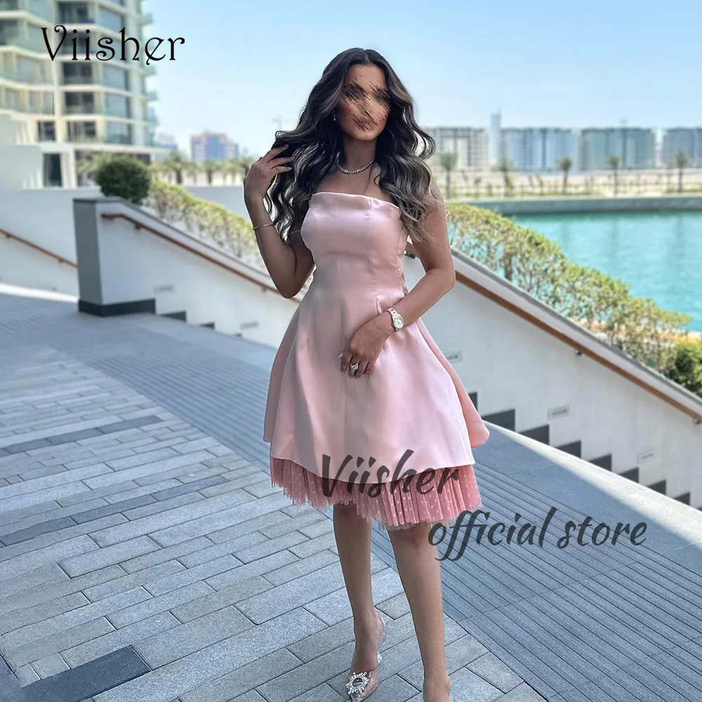 

Viisher Pink Evening Dresses for Women Dotted Tulle Mono Satin Short Prom Party Dresses Dubai Arabic Formal Evening Gowns