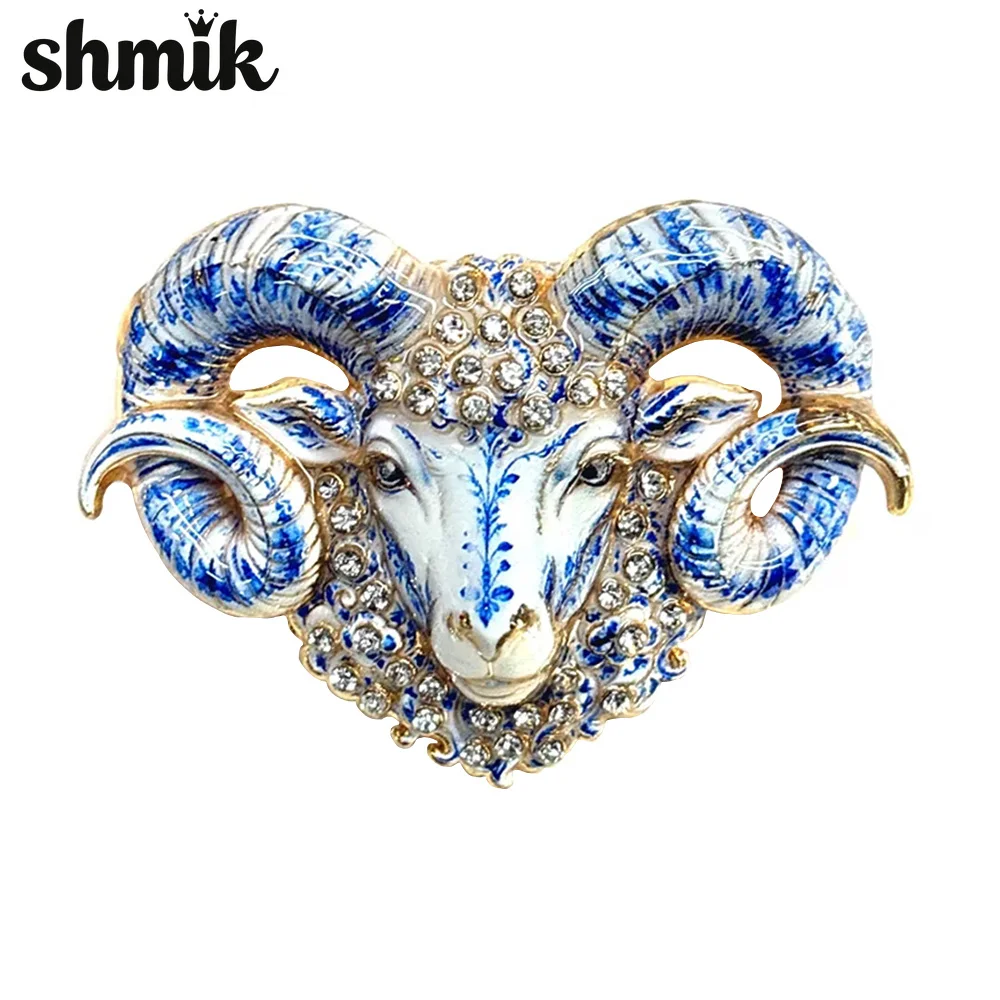 Enamel Aries Ram Head Brooch, Rhinestone Inlaid Sheep Alloy Pin, Vintage Zodiac Animal Brooch Women Coat Scarf Jewelry Gift