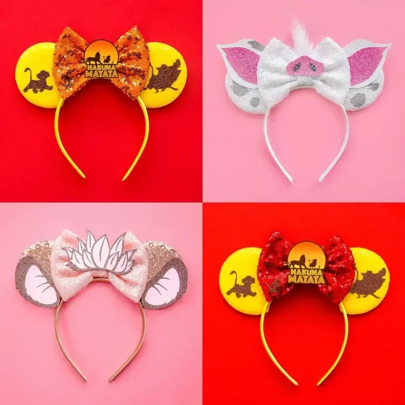 Bandeaux de sauna King Ears pour femmes et filles, bandeaux Disney Mufasa Simba, Pumbaa HAKUNA MATATA, nœud à paillettes, accessoires pour cheveux