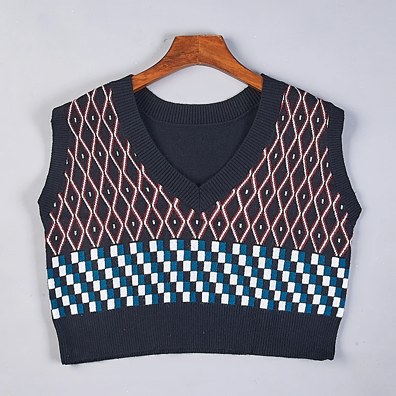 

Retro Korean Sle Women's Knitted Sweater Svel Loose ort V-Ne Plaid College Sle Warmth Spring Autumn Wear