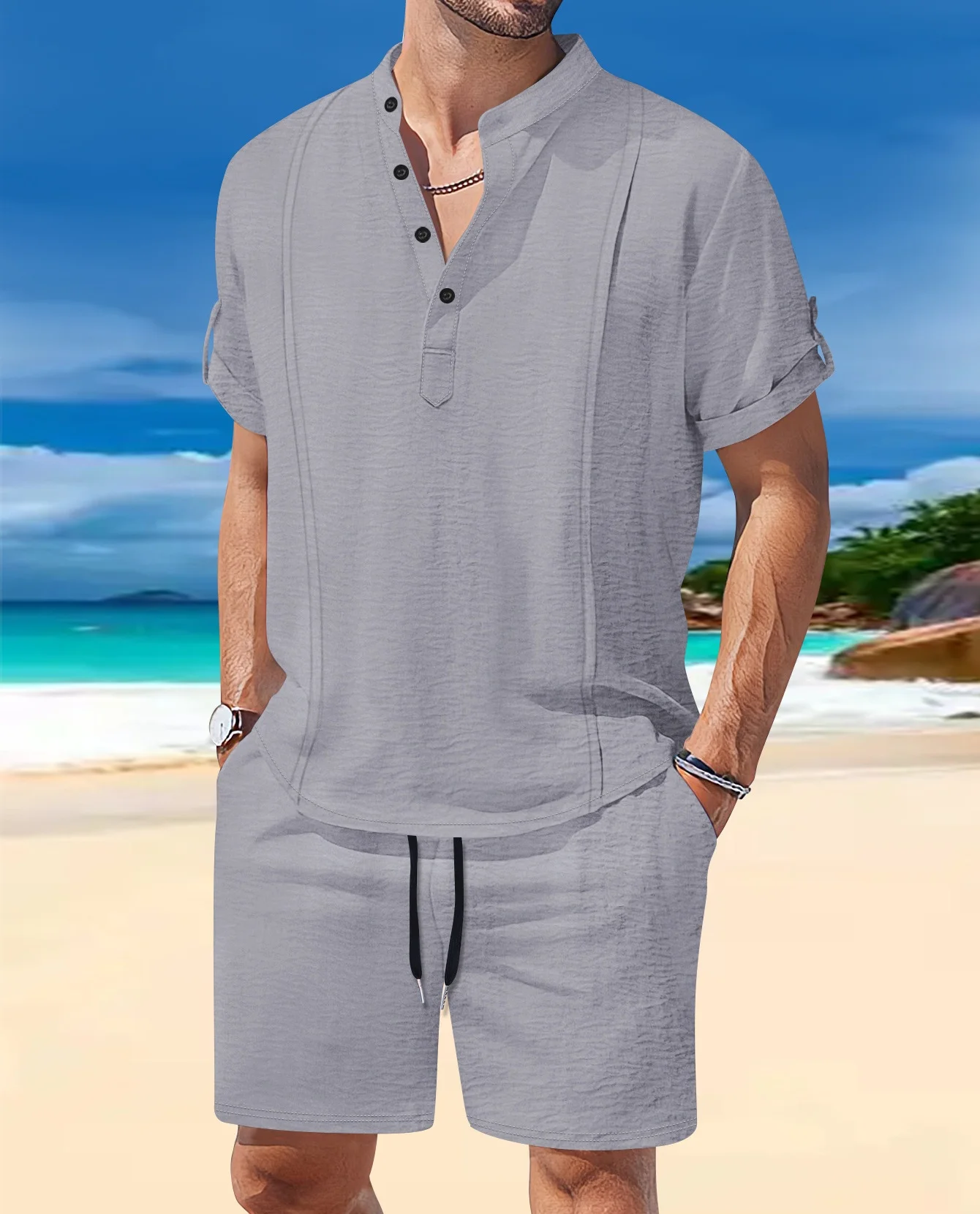

Мужской летний повседневный пляжный комплект, модная футболка с воротником-стойкой и пуговицами, шорты, комплект из двух предметов с короткими рукавами