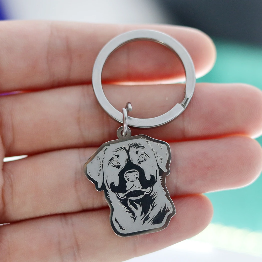 No Fade Gold Plated Rottweiler Dog Keychain Stainless Steel Pendant Waterproof Metal Accessories Cartoon Pet Jewelry Kids Gifts