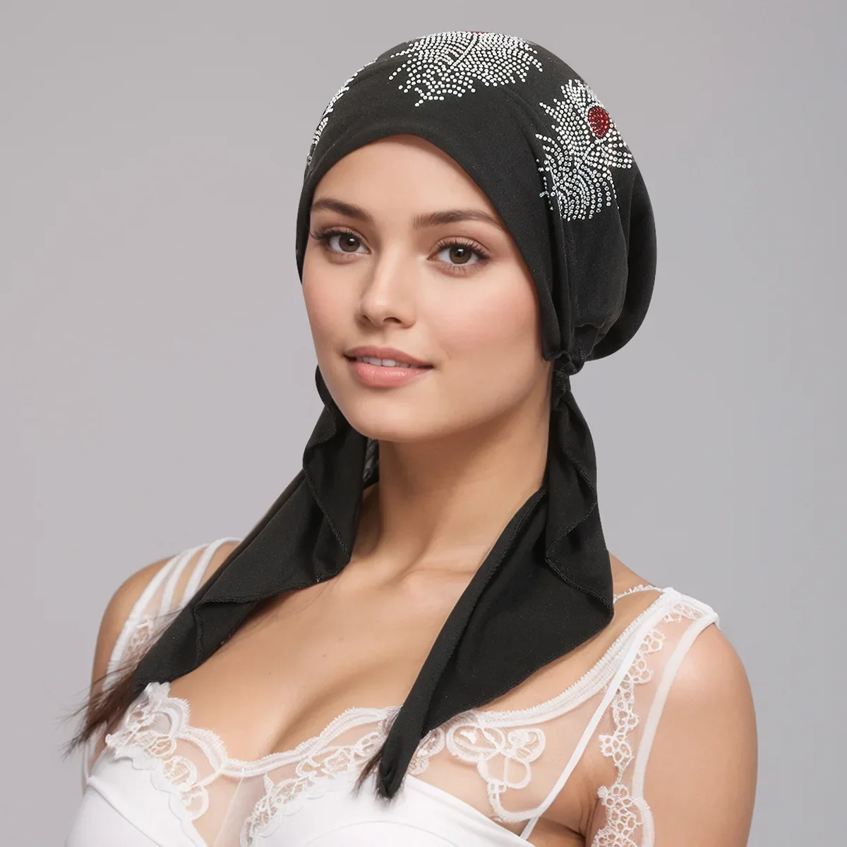 

Женская шляпа со стразами и перьями, предварительно завязанный тюрбан, мусульманский хиджаб, капот от выпадения волос, головной платок, банданы, повязка на голову, Turbante Mujer