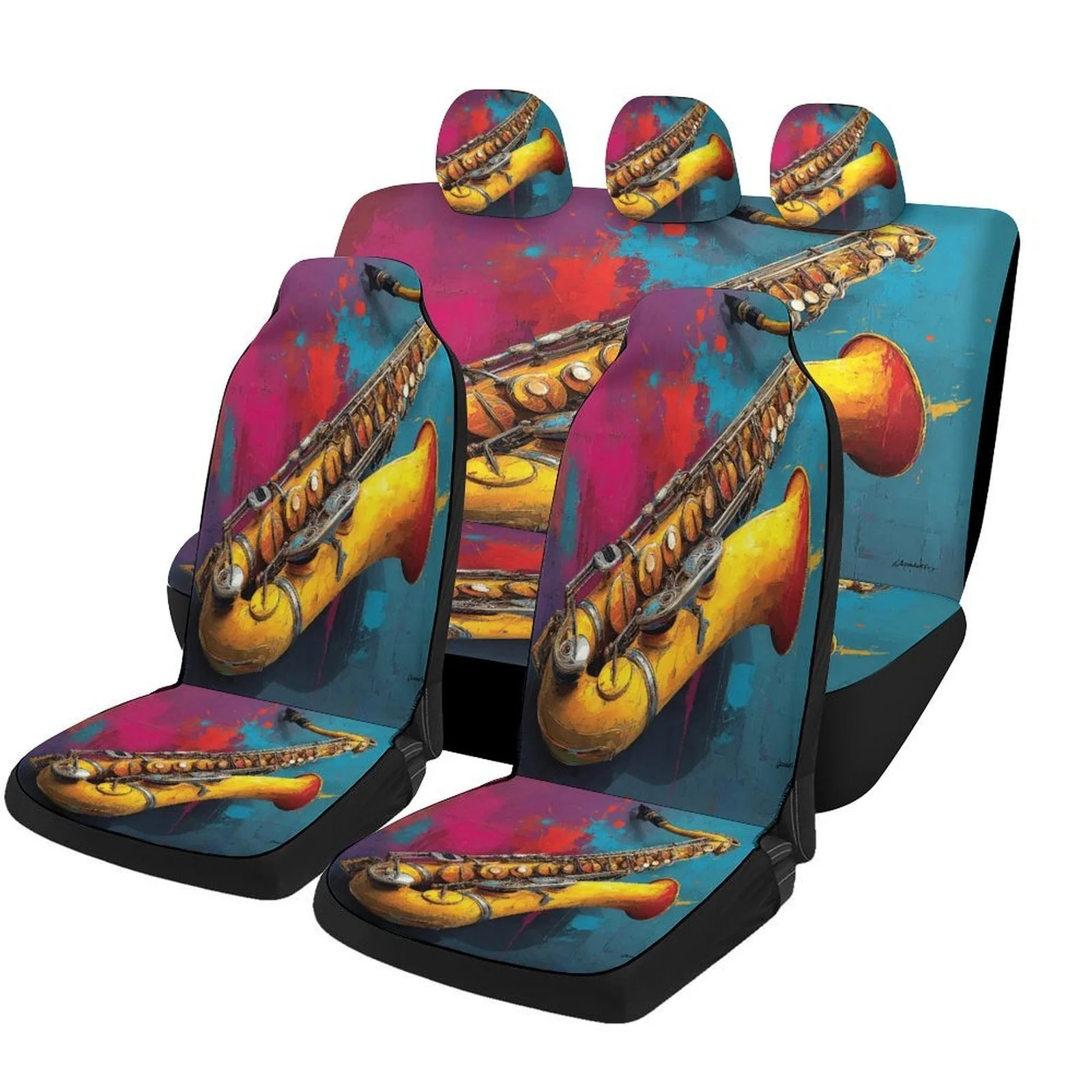 Saxophone Splash Car Seat Cover Set - Vibrant Music-Themed Design, Durable Polyester, Fit For Most Cars, Machine Washable, All-S