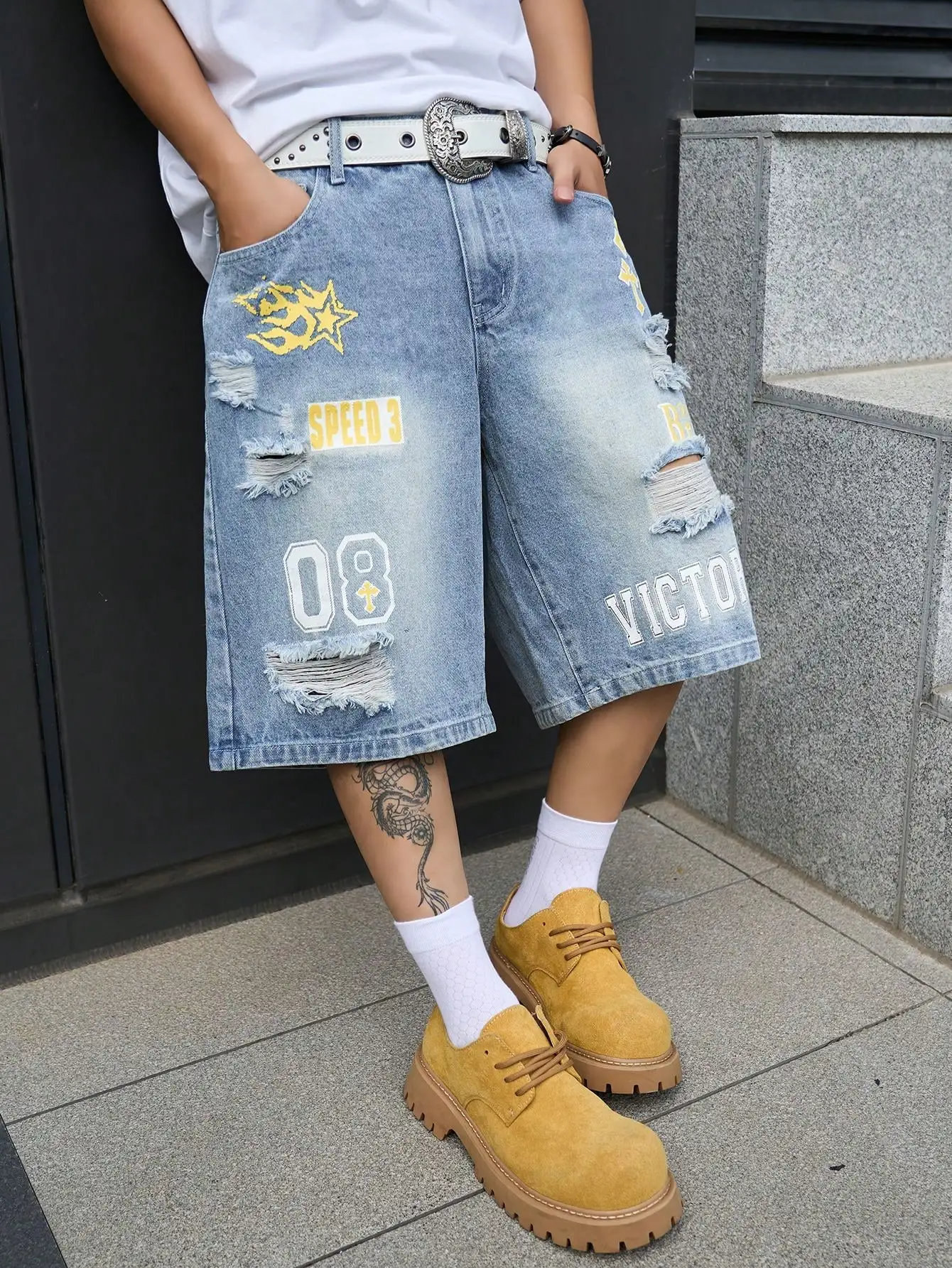 Men's Loose Fit Denim Bermuda Shorts, Vintage Distressed Letter Print Knee-Length Jeans, Y2K Hip Hop Streetwear view 5