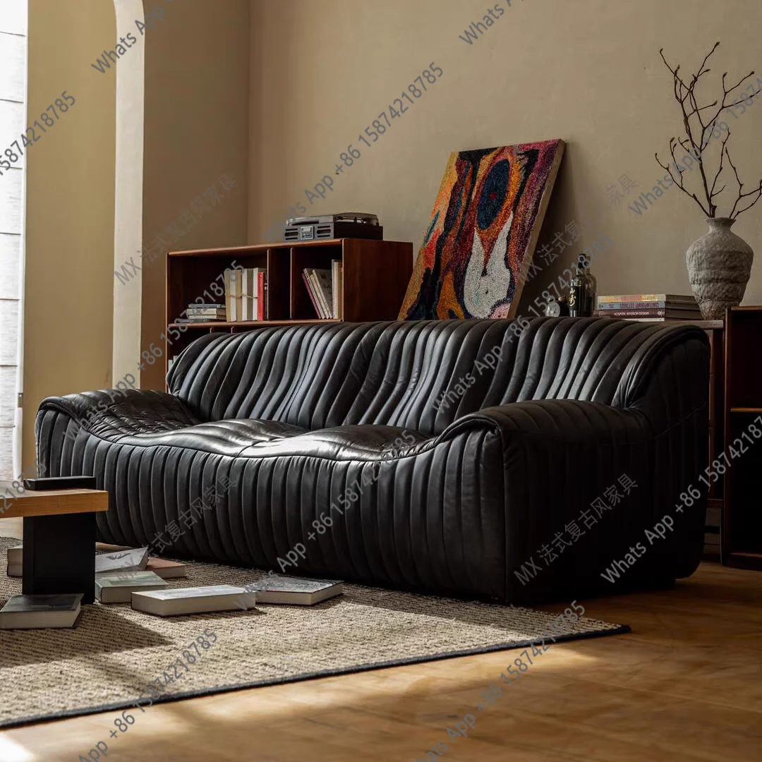 

Французский винтажный диван Wave, дизайнерский прямой диван для гостиной в стиле середины века, классический изогнутый диван из кожи с эффектом масляного воска