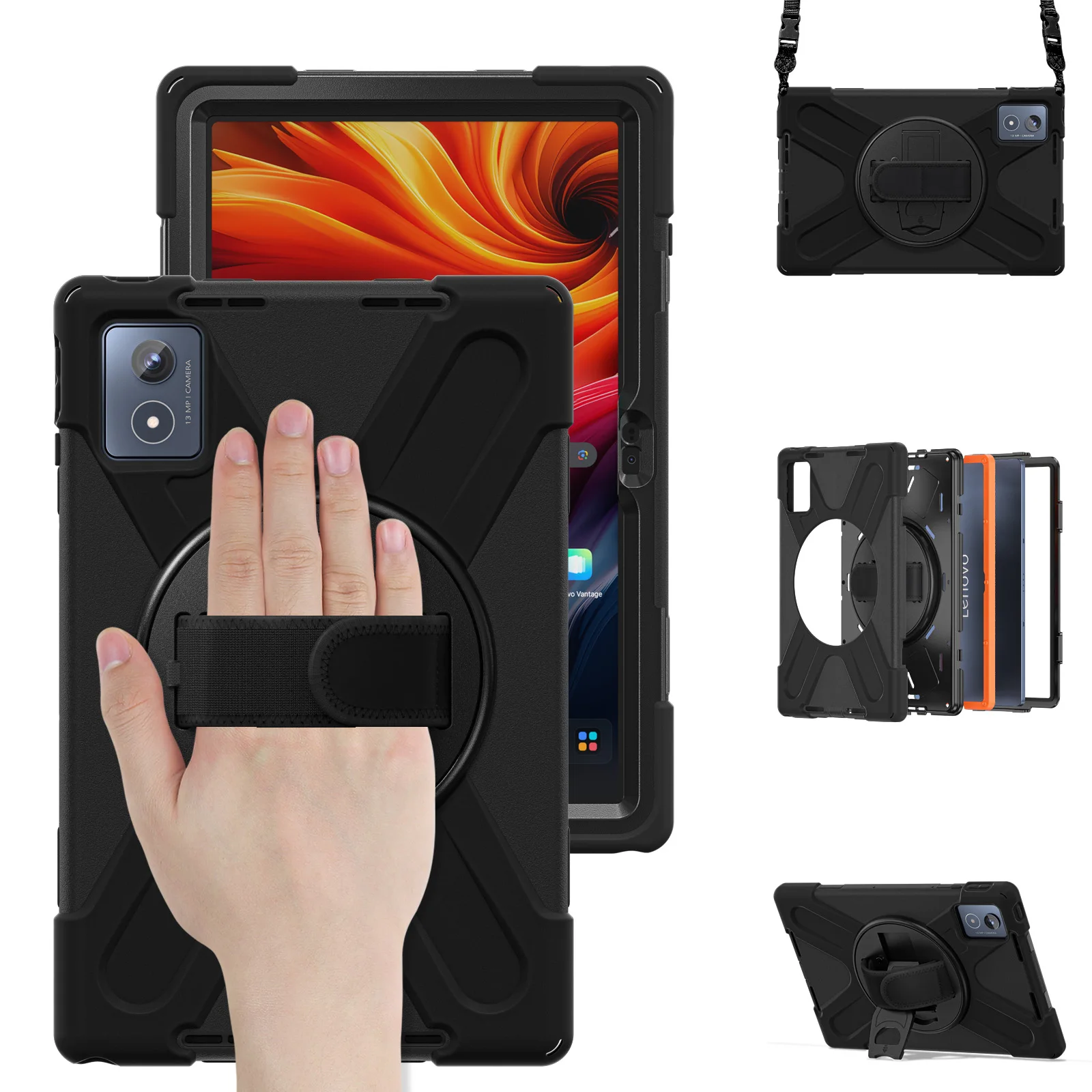 For Lenovo Tab K11 Plus / Zhaoyang K11 B352FU, TB230XC Kickstand Case TPU PC Silicone Tablet Cover with Shoulder Strap - Black