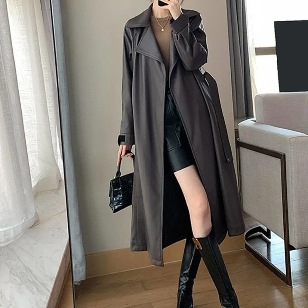 Trench-Coat Long en cuir PU pour femmes, longueur aux genoux, élégant, Style rétro, mi-long, vêtements d'extérieur pour printemps et automne