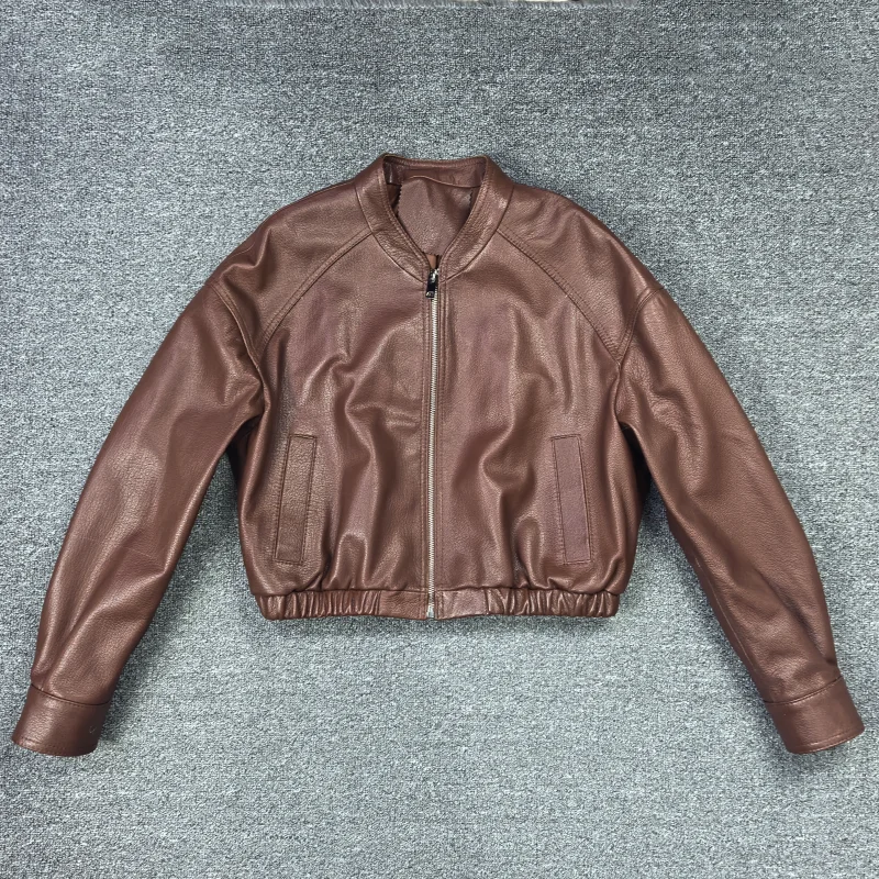 Spring 2026 Women's eepskin Leather Jaet Zipper Stand Collar Motorcycle Sle ort Loose Outerwear Faionable Ladies Coat