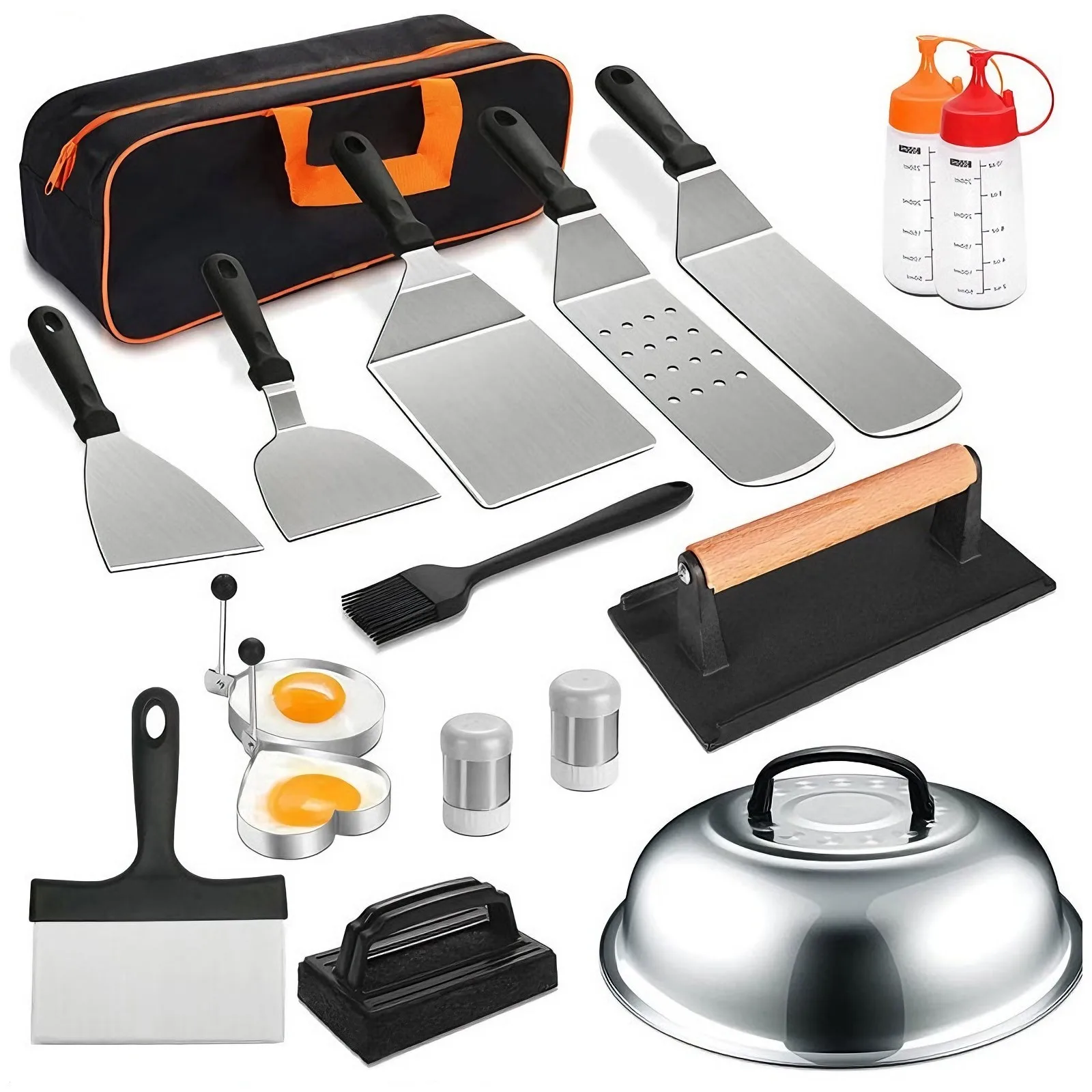 Set di utensili da barbecue in acciaio inossidabile: spatola per griglia, pressa per hamburger, strumento per preparare omelette, spatola per pizza, accessorio per pancake e carne, accessori per