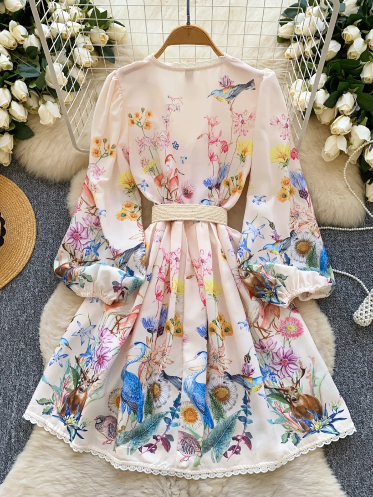 2025 Nieuwe Vintage Court Sle V-Ne Single Button Tie Taille Lantaarn Sve Lace Trim Gedrukt Dr Hoge Taille A-lijn Koreaanse S...