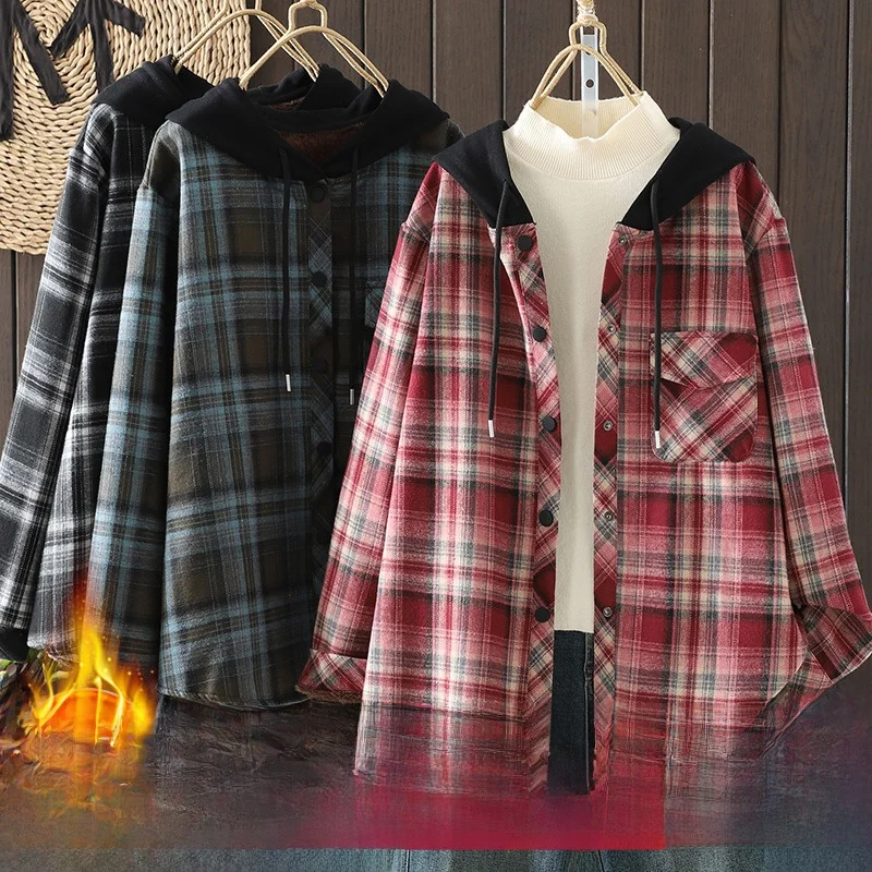 

Retro Hong Kong Sle Thiened Hooded Color Blo Plaid Fce Lined irt Jaet Good Quali Women's Loose Fit Long Sve