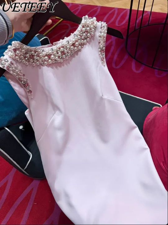 

Luxury Pink Beaded Satin Waist Dress Women 2025 New Summer French Diamond Round Neck Sleeveless Dresss Weet Pink Mini Skirt