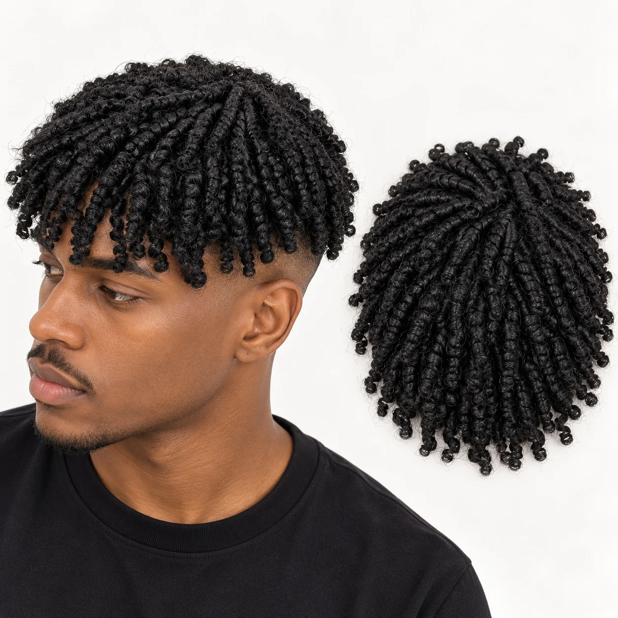 Men's Afro Curl Twist Crochet Toupee European Human Hair 8x10 Full PU V-Loop Base Jet Black/Brown Options