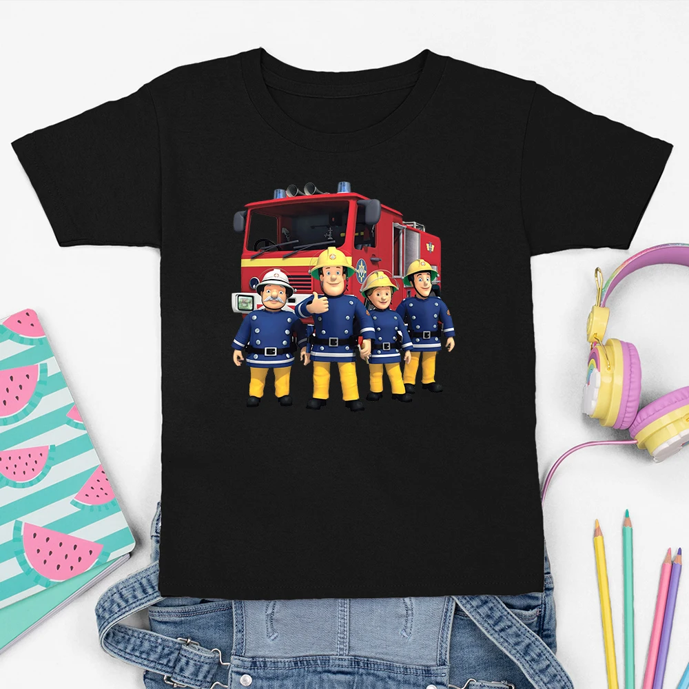 Детские футболки Fireman Sam, одежда для мальчиков, летние топы, черная модная детская рубашка с рисунком пожарных, уличная одежда Sam, Fireman