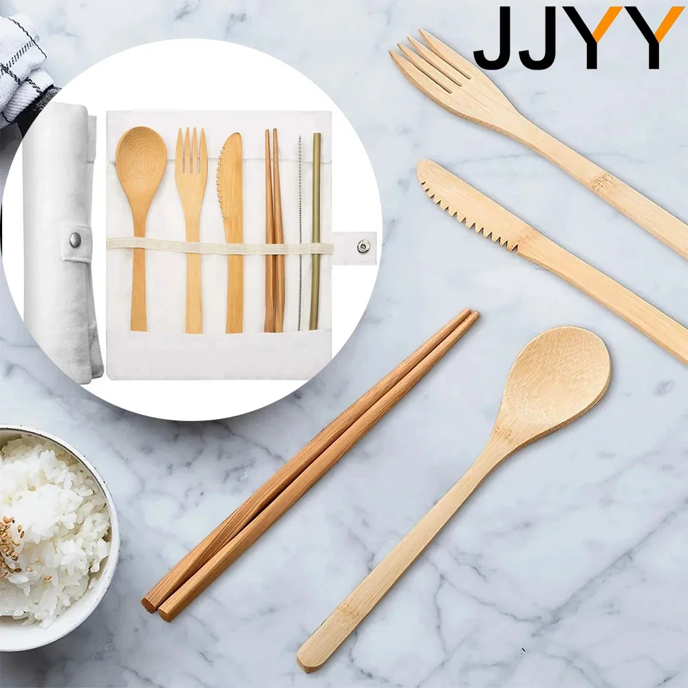 

JJYY Bamboo Portable Cutlery Set Bamboo Fork Knife Spoon Chopsticks Straw Portable Tote Bag with Carabiner