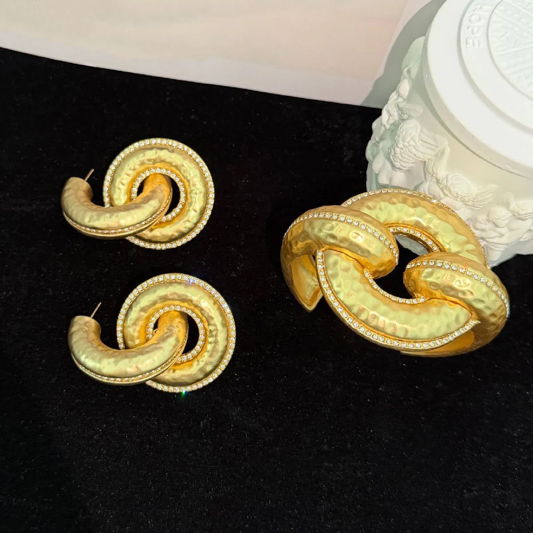Europe Brass Gold Plated Round Crystal Earrings Bracelets Women Fashion Show Luxury Jewelry