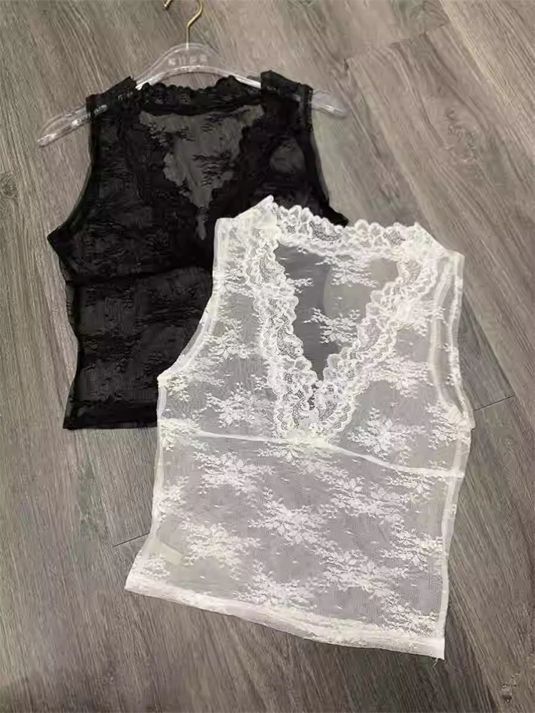 

Fleece Lined Lace Base Shirt Women's Sleeveless Vest Camisole See through Top Layered Warm V Neck Korean Style Slim Fit